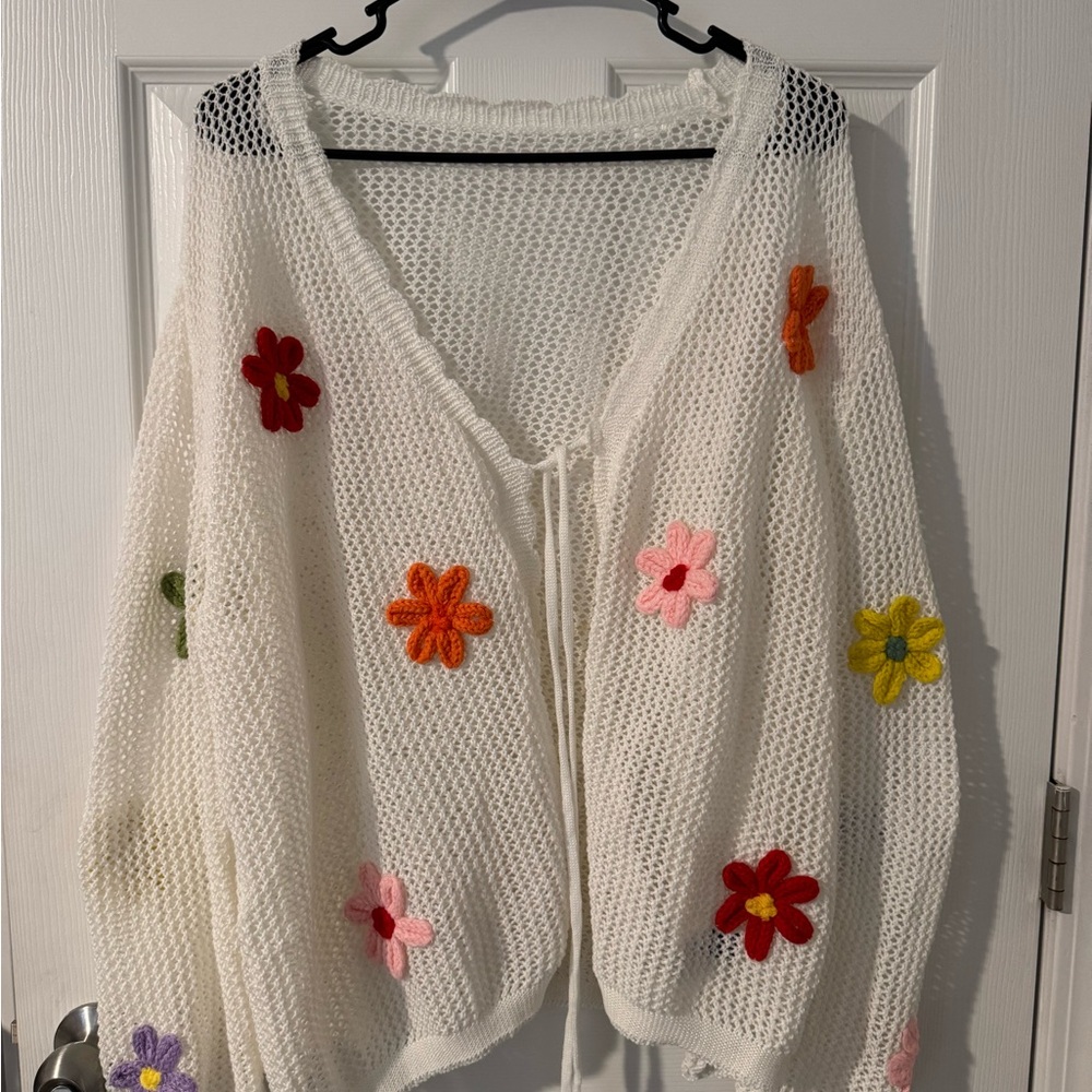 SHEIN White Cardigan with Colorful Floral Accents